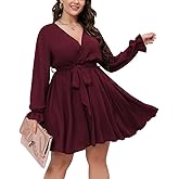 SCOMCHIC Women's Plus Size Long Sleeve Wrap V Neck Tie Waist A Line Mini Dress