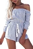 Simplee Apparel Women's Off shoulder Long Sleeve Striped Short Jumpsuit Romper