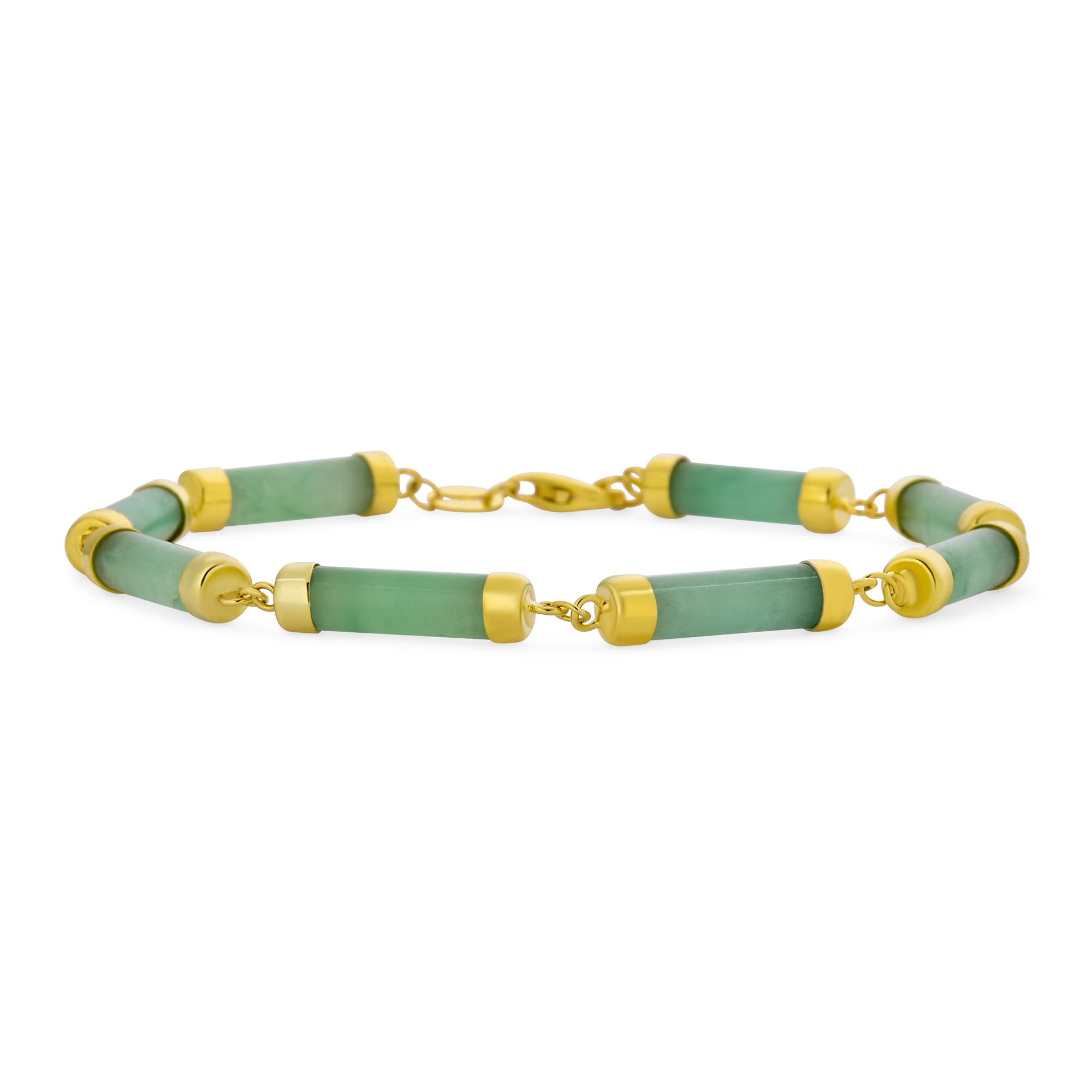Bling Jewelry Asian Style Gemstone Genuine Light Green Jade Strand Slender Tube Bar Link Bracelet For Women Yellow Gold Plated .925 Sterling Silver 7 Inch