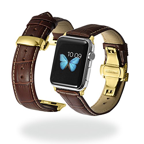 iStrap 24mm Alligator Grain Leather Watch Band Gold Clasp Replacement For Apple Watch 42mm Brown