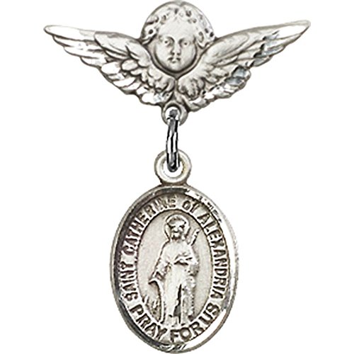 Sterling Silver Baby Badge with St. Catherine of Alexandria Charm and Angel w/Wings Badge Pin 7/8 X 3/4 inches
