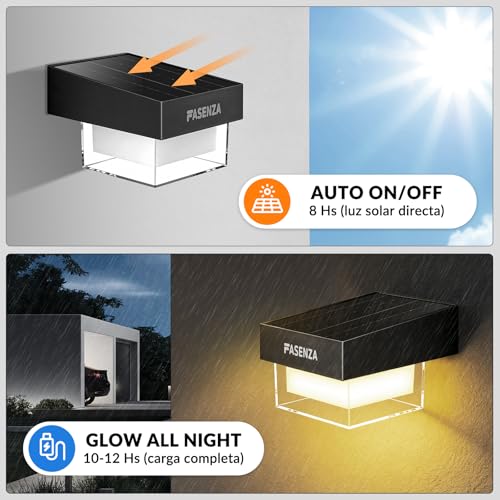 FASENZA Lámpara Solar Exterior: 400 Lúmenes, 3 Tonos de Luz Ajustables 3000K/4500K/6500K, Batería 1800mAh, IP65 Impermeable, para Jardín, Patio, Terraza, Pasillo, Valla, 2 Años de Garantía, 4 Piezas