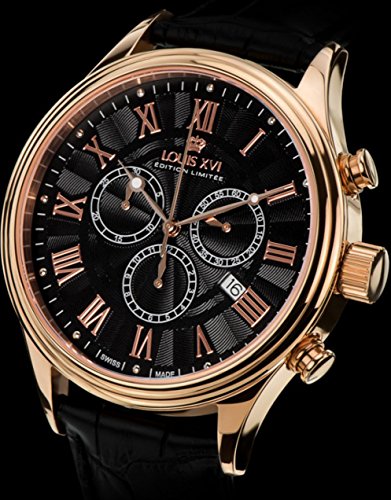 LOUIS-XVI-Herren-Armbanduhr-Danton-Rosegold-Schwarz-Rmische-Zahlen-Chronograph-Analog-Quarz-echtes-Leder-Schwarz-517