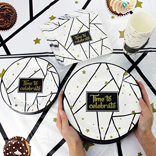 177 Piece Black and Gold Celebration Party Supplies Set Including Banner, Plates, Cups, Napkins, Tablecloth, Spoon, Forks, and Knives, Serves 25