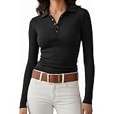Meetrendi Women's Long Sleeve Business Casual Tops Collared V Neck Work Blouse 2025 Fall Button Fitted Polo Shirts