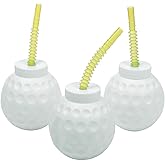 Fun Express Golf Party Decorations Cups - 12 Pack Golf Ball Molded 14 oz Plastic Cups with Lids and Straws | Perfect Birthday Party Supplies & Favors for Kids Themed Celebrations & Events