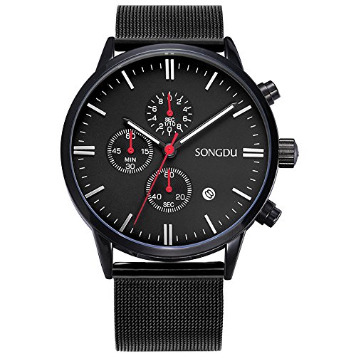 SONGDU Unisex Chronograph Quartz Watch Black Analog Dial with Date Window Stainless Steel Case Milanese Mesh Strap