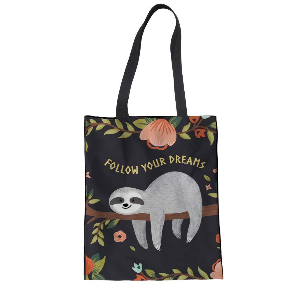 HUGS IDEA Sloth Follow Your Dream Canvase Tote Bag Reusable Shopping Bag Shoulder Grocery Handbag for Women Girls