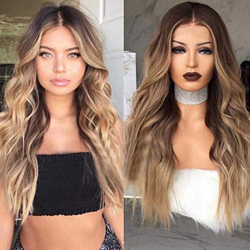 Hawkko Brown Wigs for Women Long Wavy Curly Middle Part High Density Heat Resistant Synthetic Hair Weave Full Wigs 26inches, Black to Brown