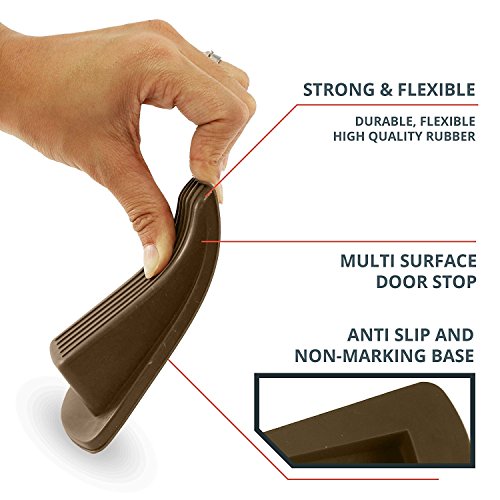 Door Stopper, Eoney Heavy Duty Door Stop Wedge Rubber with Finger Pinch Guard - Multi Surface, Non Scratching Slip Resistant Design- Gaps up to 1.2 inches (Brown4+1Pack)
