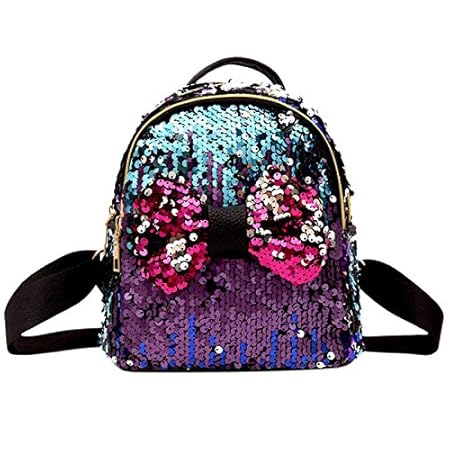 MOCA Mermaid Magic Bowknot Sequins Bag Womens Kid Girls Girl Mini Small Travel Daypack Casual Backpack Backpacks Backbag for Womens Womens Girls Kids Backpacks Shoulder Bag (Purple/Blue)