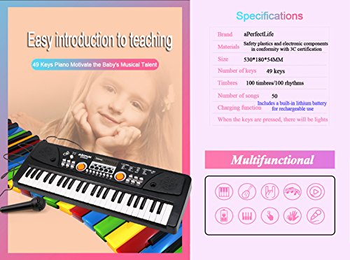 aPerfectLife Chargable Piano Keyboard for Kids, 49 Keys Multi-Function Electronic Kids Piano Keyboard Educational Toy Organ for Beginners and Kids with Charging Function (Black)
