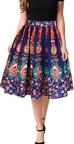 Women’s Pleated Floral Print A Line Skirt Flare Midi Knee Length Skater (Large, Floral 1 Navy)