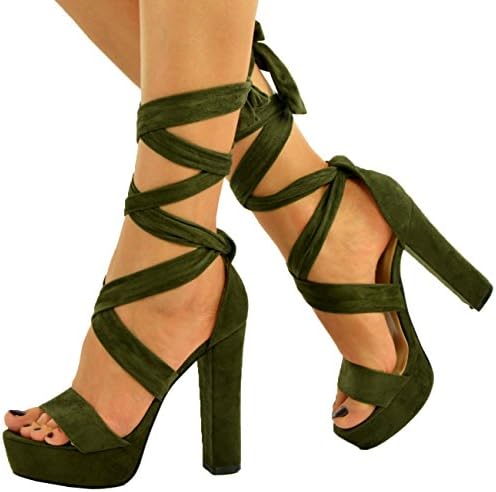 CucuFashion New Womens Ankle Strap Tie Sandals Ladies Platform High Block Heel Shoes Size UK