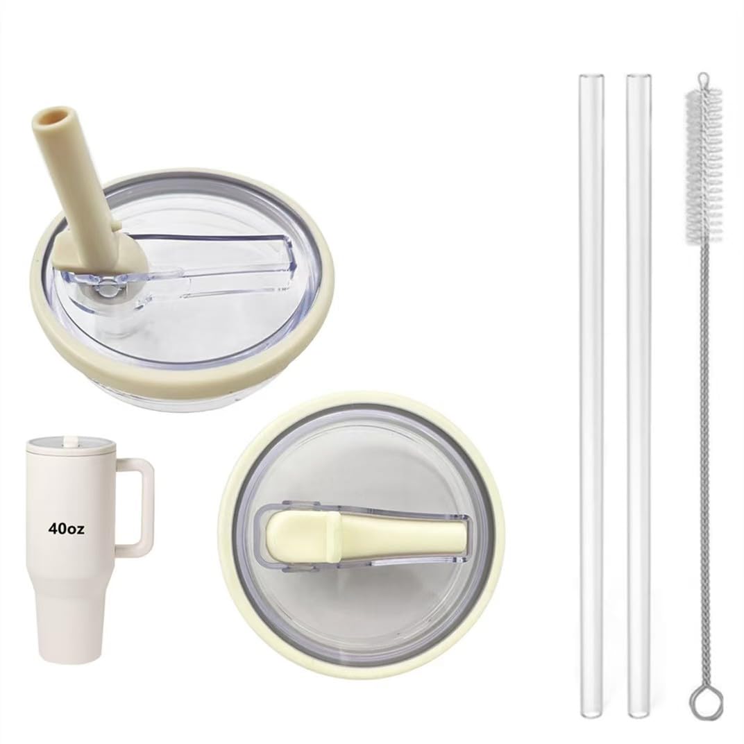 Photo 1 of 2 Pack 40 oz Tumbler Flip Straw Lid Replacement fit for HydroJug(Only), Spill Proof Splash Resistant Tumbler Lids,Reusable Leak Proof Tumbler Cover for Cup Accessories (Cream)
