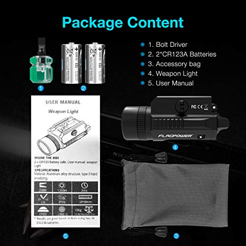 FLAGPOWER 1200 Lumens Rail Mounted Compact Pistol Light LED Tactical Gun Flashlight for Picatinny MIL-STD-1913 and Glock Pistol Weapon Light with Cree XML2 LED 2 x CR123A Lithium Batteries