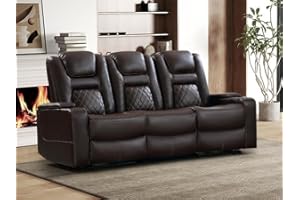 EBELLO Home Theater Seats, Faux Leather Movie 3 Seat Recliner Sofa with Hidden Arm Storage, Power Gaming Reclining Sofa with USB Charge and Cup Holders, Brown