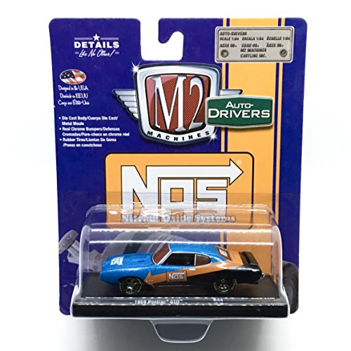 M2 Machines 1969 Pontiac GTO (NOS Nitrous Oxide Systems) Blue/with Orange & Black Auto-Drivers Release 44 - Castline 2017 Special Edition 1:64 Scale Die-Cast Vehicle (R44 17-36)