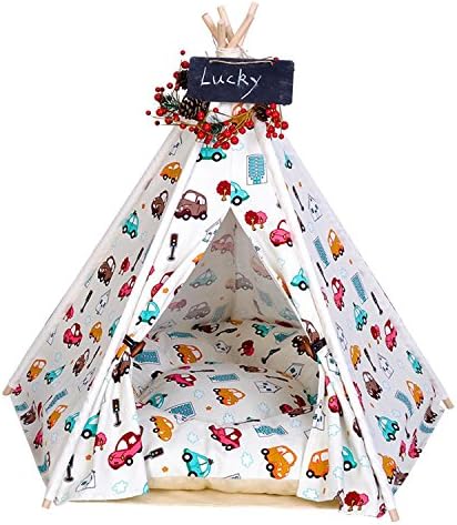 Pet Tent Wood Canvas Dog Cat House With Soft Washable Mattress Kennel Kitten For Small Medium Pet 2 Size 8 Color , car , l