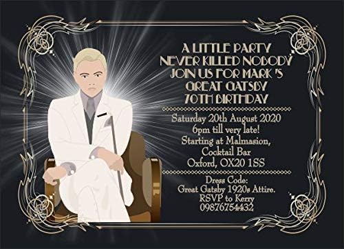 10 x Personalised Birthday Evening Invitations or Thank You Cards Great Gatsby Vintage Art Deco