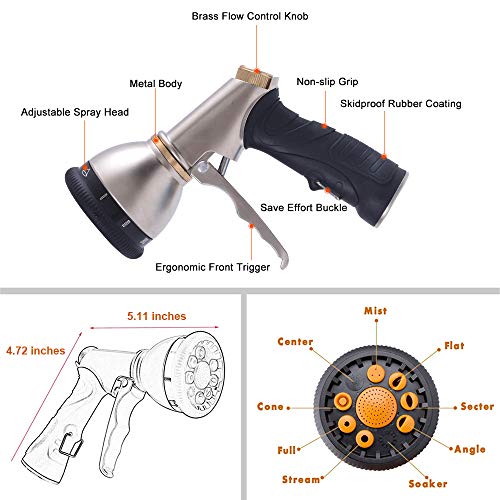 ESOW Garden Hose Nozzle with Bigger Nozzle Area Upgraded, Heavy Duty Metal Spray Gun Pistol Grip Front Trigger, 9 Adjustable Patterns Best for Watering Plants, Lawn, Car Washing, Dog & More - Thumbnail 3