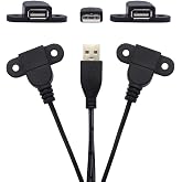 USB 2.0 Male to Dual Female Charging Extension Cable, Furniture nightstand Sofa Electric Vehicle on-Board Charging Port, Panel Mount Cable with Screw Hole 5ft (1 pcs)