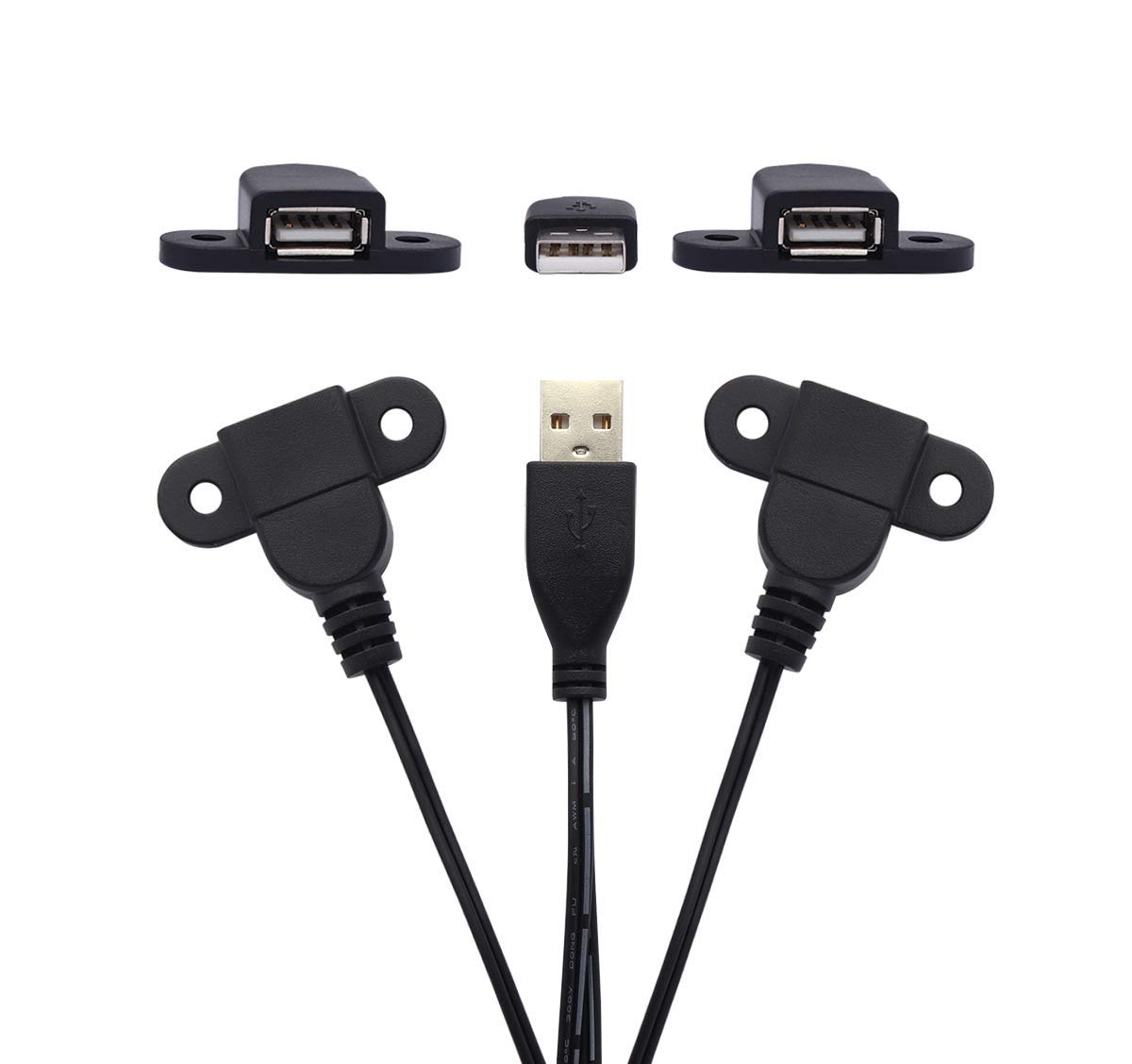 Photo 1 of USB 2.0 Male to Dual Female Charging Extension Cable, Furniture nightstand Sofa Electric Vehicle on-Board Charging Port, Panel Mount Cable with Screw Hole 5ft (1 pcs)