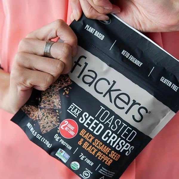 FLACKERS BLACK SESAME & BLACK PEPPER FLAXSEED CRACKERS, 4.5 OUNCE 1-PACK, ORGANIC, GLUTEN FREE, NON GMO, VEGAN, KETO SNACK, 2 NET CARBS