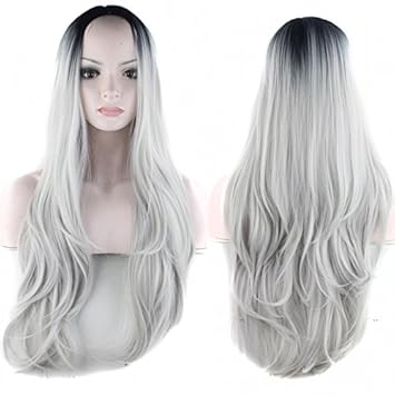 Royalvirgin Long Wave Ombre Silver Grey Synthetic Wig Middle Part