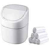 Mini Desk Trash Can with Swing Lid, 0.5gal, Includes 180 Bags, White | Compact 2L plastic bin with smooth edges and odor-covering swing lid, includes 180 fitted bags for desks and bedrooms