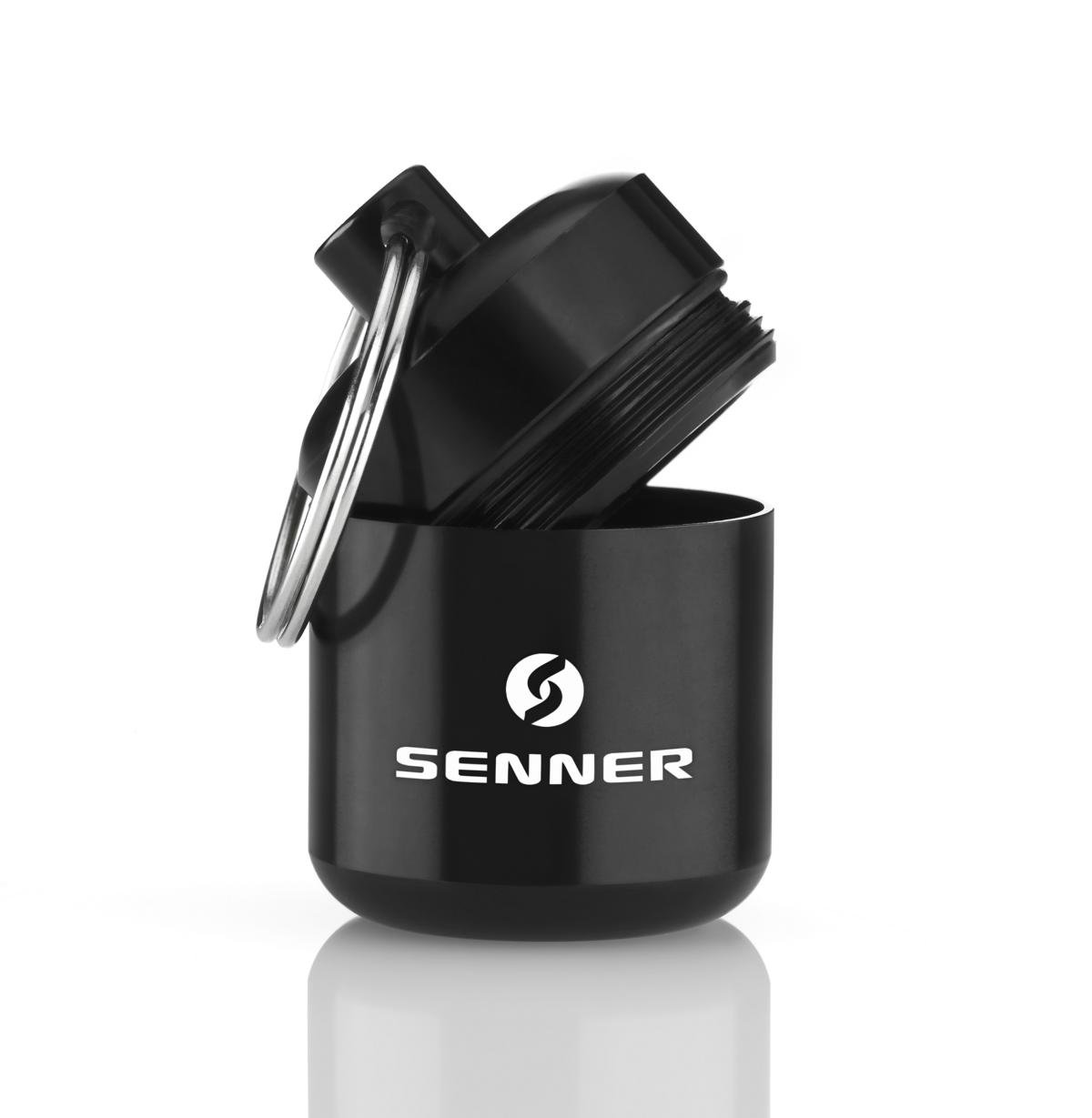Senner Pill Box Key Ring - Sturdy, Waterproof, Ideal for Storage, Aluminium Container (Black, Wide Tin)
