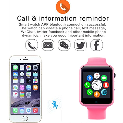 Smartwatch, Bluetooth Smart Watch Phone Wristwatch with Pedometer Camera SMS SNS Sync Music Player SIM Card Slot for Android IPhone (Partial Functions) Men Women Kids (Pink)