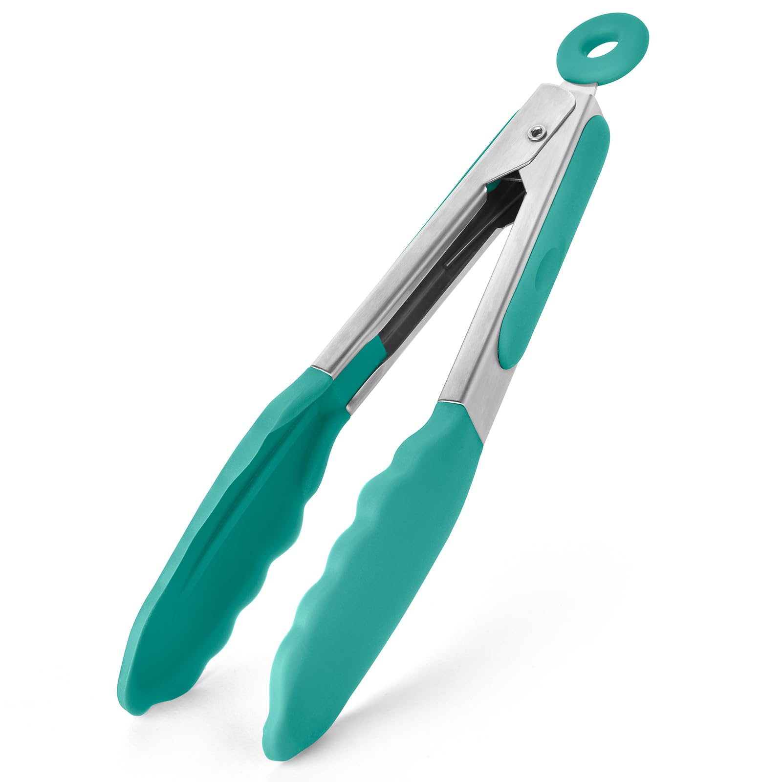 315℃ Heat Resistant Kitchen Tongs: U-Taste 18cm Silicone Cooking Tong with Firm Sealed Non Stick Silicone Tips & Silicone Coated 18/8 Stainless Steel Handle & Smooth Locking for Serving (Aqua Sky)