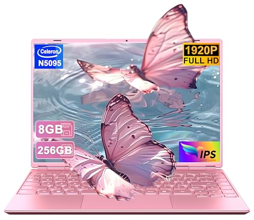 HUQPPQ 14 Inch Laptop Celeron N5095 Processor (Up to 2.9GHz) 8GB RAM 256GB SSD Win11 Laptops | FHD 1920×1200 IPS Display | WiFi 5, BT4.2, Webcam | 180° Foldable | For Students & Business-Pink-N700