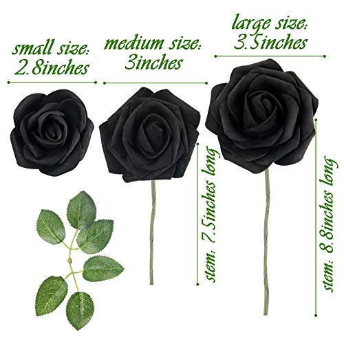 Johouse 30 PCS Artificial Rose Flowers, Black Roses Faux Roses Single Stem Fake Flowers for DIY Wedding Bouquets Halloween Party Favor Home Decor, 3 Size with 2 Leaves