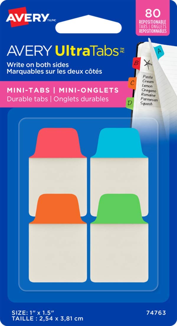 Avery Ultra Tabs/Bookmarks, 80 Tabs per Pack, 25.4 mm, Red, Blue, Orange, Green