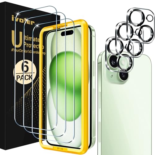 ivoler [3+3 Pack Tempered Glass for iPhone Screen Protector 6.7'' [3 Pack] with [3 Pack] Camera Lens Protector with [Alignment Frame] (iPhone 15 Plus 6.7”, Transparent)