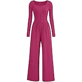 AUXDIO Women's Casual Long Sleeve Jumpsuits One Piece Crew Neck 2025 Wide Leg Pant Romper with Pocket