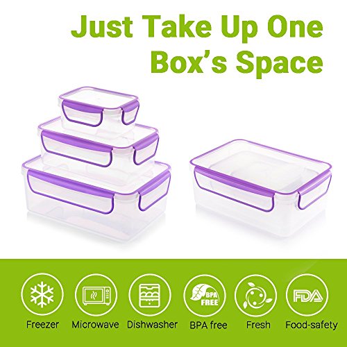 COZZINE Food Storage Containers, Airtight Leak Proof Lock Durable Plastic Microwaveable Bento Box Dishwasher and Freezer Food-Safe, BPA Free (Purple, 3-Piece)
