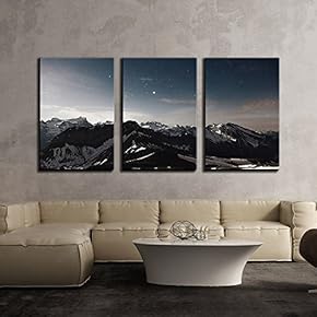 3 Piece Canvas Wall Art - Starry Sky Over Mountain Peak - Modern Home Art Stretched and Framed Ready to Hang - 16"x24"x3 Panels