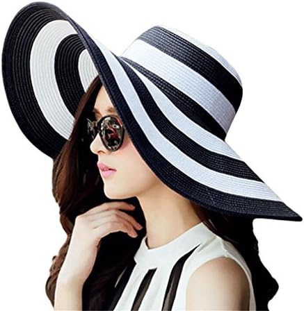 Tuplidsee Women's Straw Panama Sun Hat Black Striped Overflowed Floppy 4