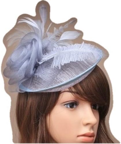 Silver Grey Upturned Circular Disc Shaped Sinamay Hair Fascinator with various shaped feathers by ForHimForHer