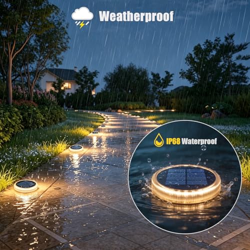 YiLaie Twilight Solar Lights Outdoor Garden 24 LEDs, 11 cm Solar Beacon Circular Floor Adhesive Lighting 360°, IP68 Waterproof for Path, Parking, Stairs, Sidewalk, Warm White (4 Pack)
