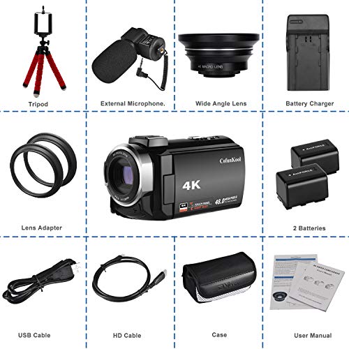 CofunKool 4K Camcorder WiFi Vlogging Video Camera Ultra HD + External Microphone + Wide Angle Lens + Battery Charger + Mini Tripod + 2 Betteries - Thumbnail 6