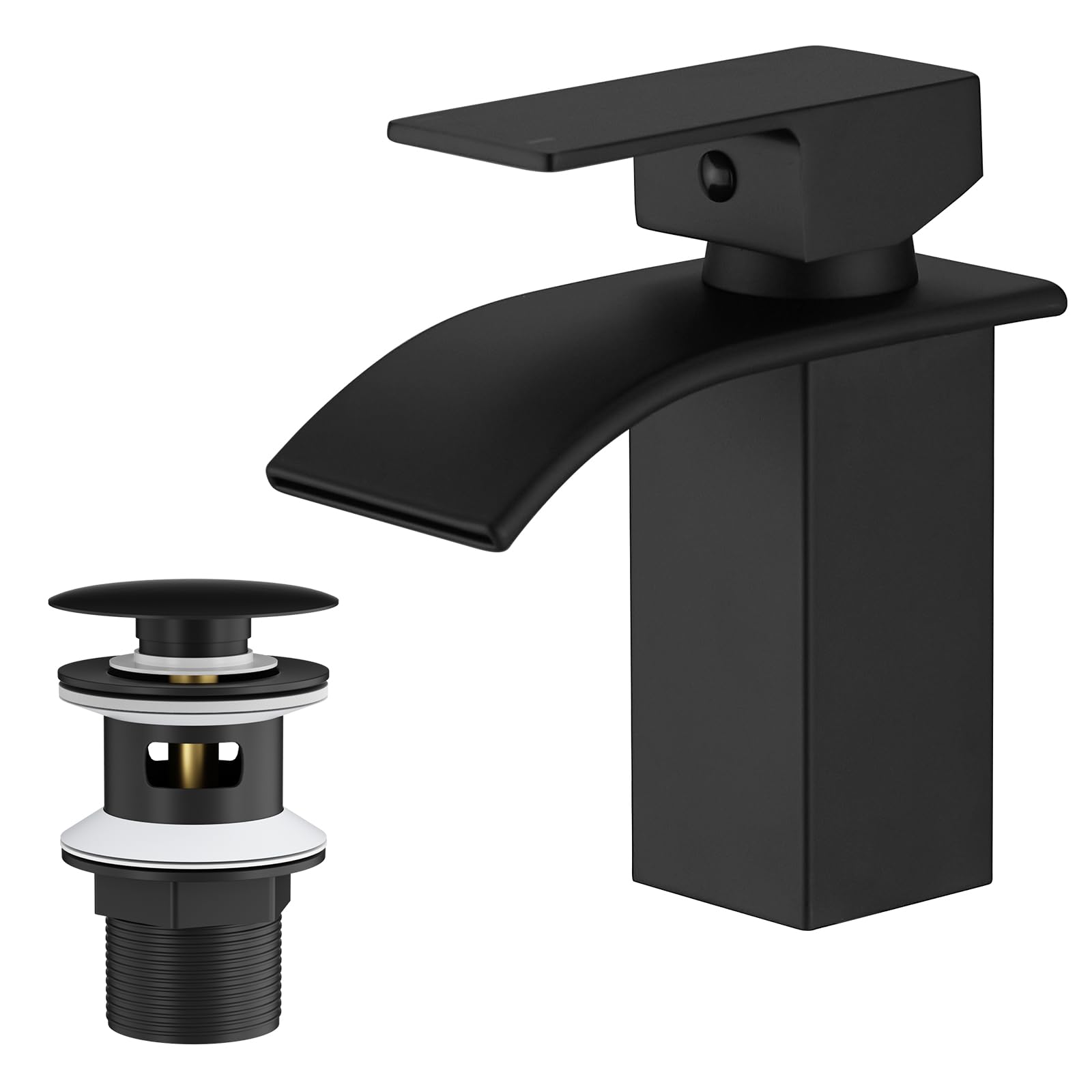 BESy Waterfall Spout Bathroom Sink Mixer Taps,Single Handle Basin Mixer Tap, Lavatory Vessel Faucet,Stainless Steel,Matte Black Vanity Tap โ image 1