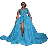 One Shoulder Wedding Dresses for Women Laces Satin Bridal Dress Applique Formal Gown Long Sleeve Split Side2026