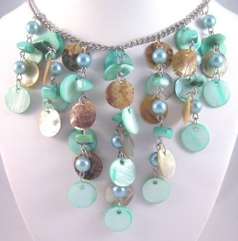 Beautiful Turqouise Colored Shell Bib Fringe Necklace