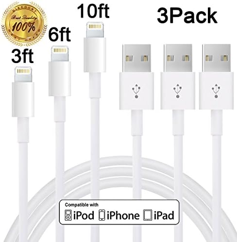 iPhone Cable, 3Pack 3FT 6FT 10FT Lightning Cable Cords Charger 8 Pin USB Sync & Charging Cords Compatible with iPhone 7/7 Plus/6s/6s Plus/6/6 Plus/5s/5c/5/SE, iPad/iPod (White)