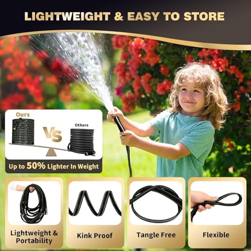 Ahititi Garden Hose 100 ft Water Hose Flexible Heavy Duty Outdoor Lightweight No Kink Long Non-Expandable High Pressure Flat Hoses Pipe 100’ Strong 3/4’’ Brass Fitting for Outside Yard Lawn Car Wash