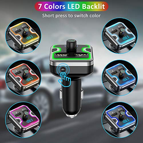 Bluetooth FM Transmitter for Car, Comsoon 7 Colors LED Backlit Bluetooth Car Adapter, Bluetooth Receiver Car Kit with Hands-Free Calling, QC3.0 Car Charger, Support USB Disk, microSD Card (Black)